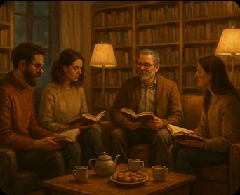 People reading together in a cozy book club setting