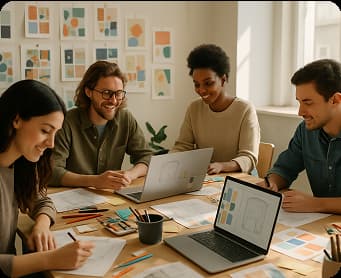 Group of people working on book cover designs