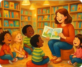 Woman reading to a group of children in a bookstore